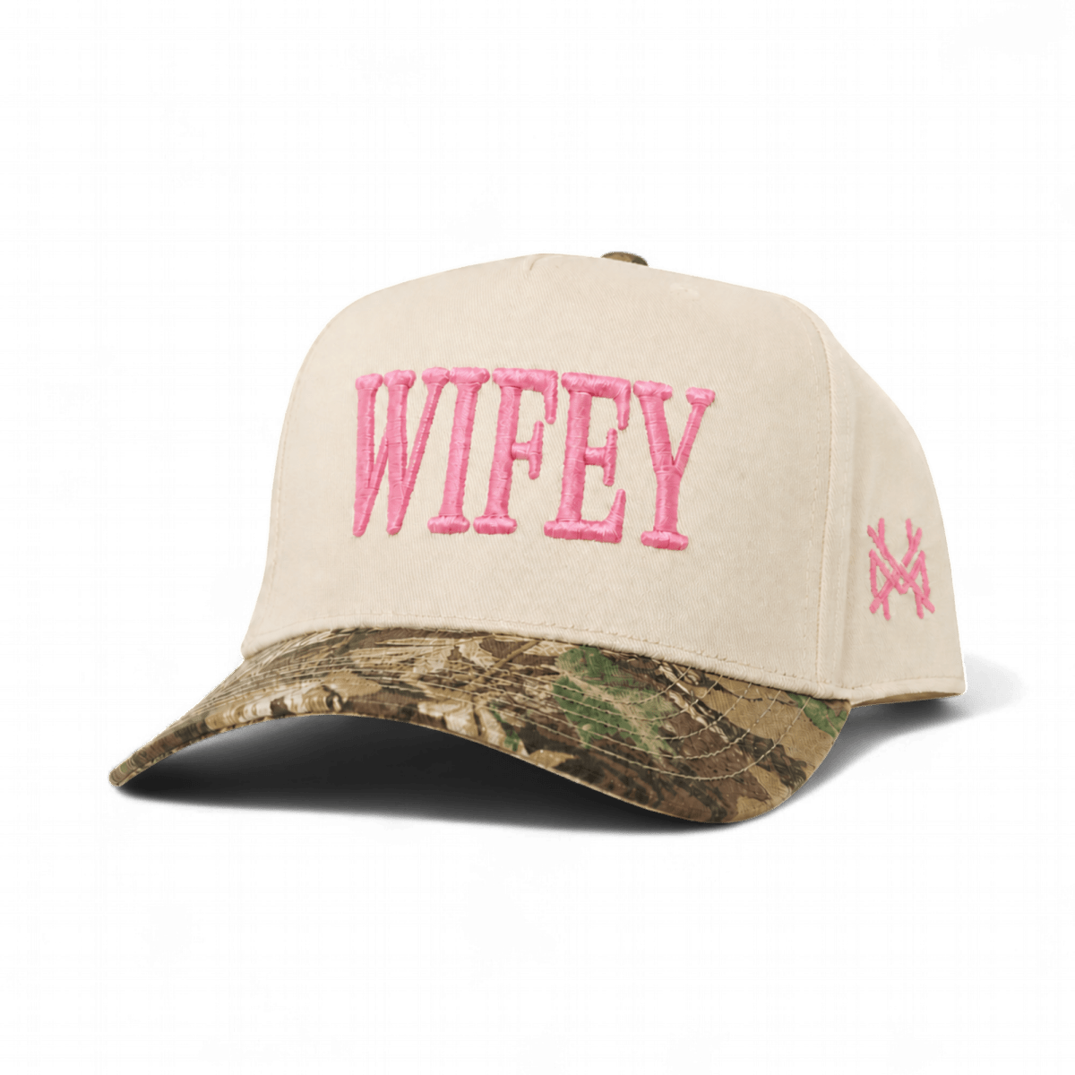 Wifey Funny Embroidered Snapback Hat in Retro Leaf Camo/Natural with Pink Thread – Ivy + Cloth