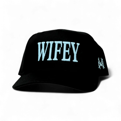 Wifey Funny Embroidered Snapback Hat in Retro Black with Blue Thread – Ivy + Cloth
