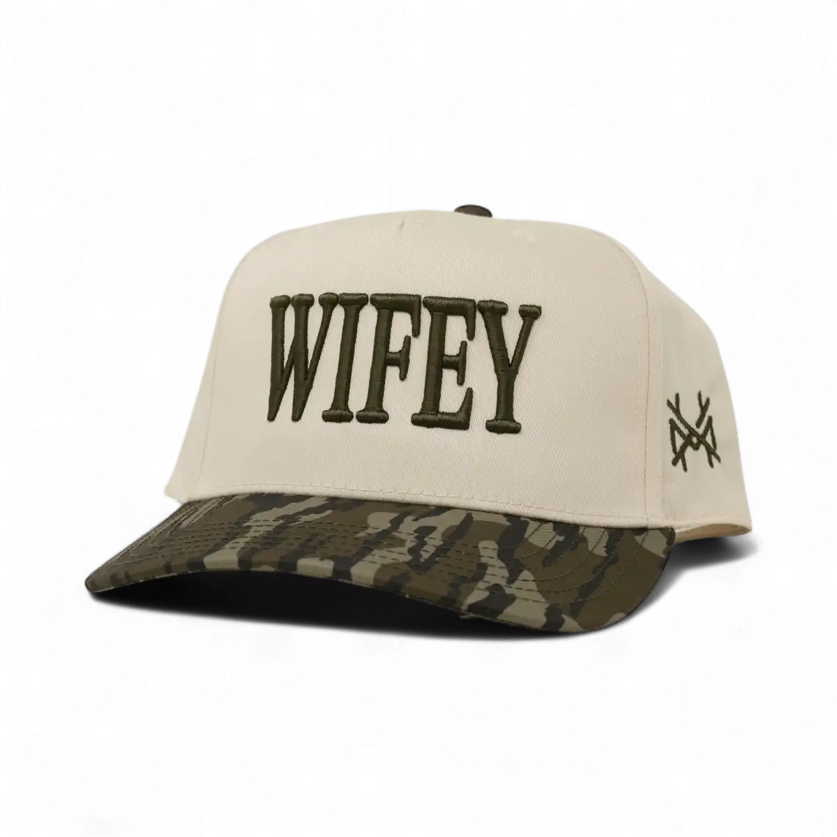 Wifey Funny Embroidered Snapback Hat in Retro Mossy Oak Bottomland/Natural – Ivy + Cloth