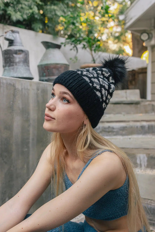 Wild Leopard Knit Beanie knit winter hat in Black