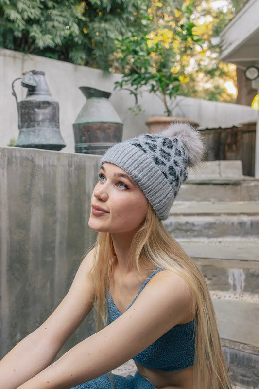 Wild Leopard Knit Beanie knit winter hat in Gray