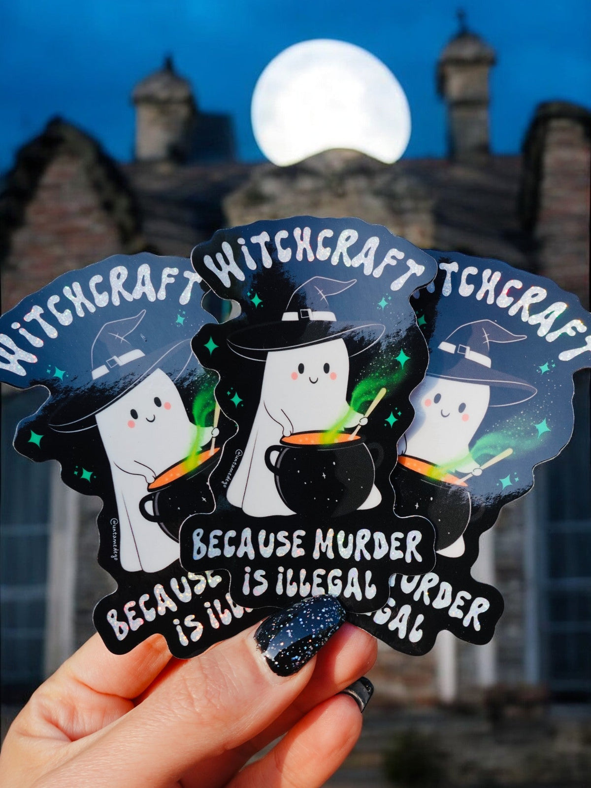 Funny Black Halloween stickers (3) with green potion; text 'Witchcraft' 'Murder Is Illegal'