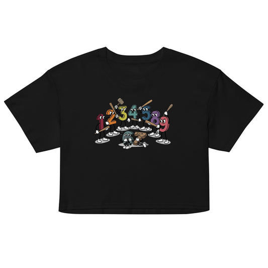 Women’s crop top in black with colorful cartoon number character graphic at center