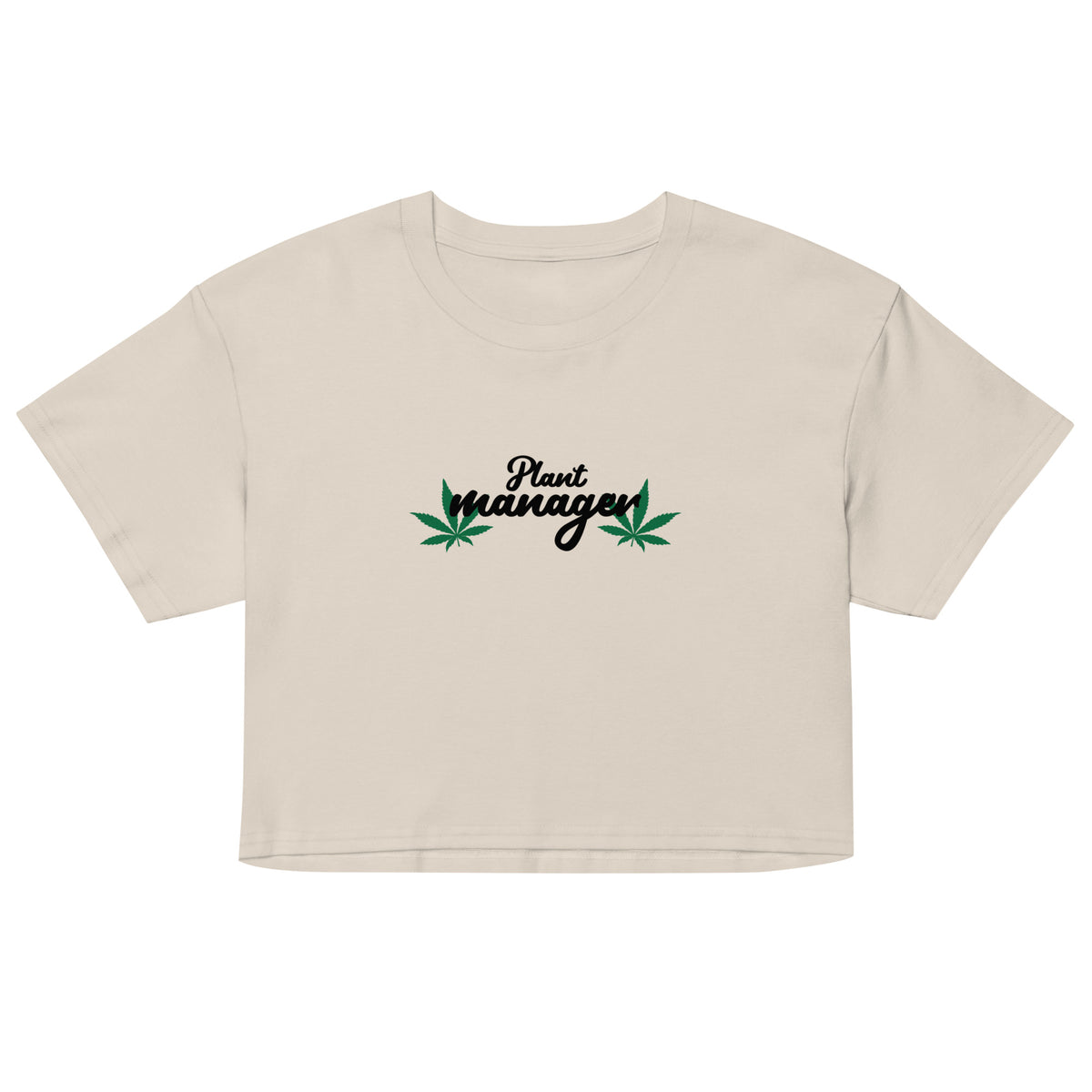 Women’s beige crop top with “Plant Manager” plant graphic on front