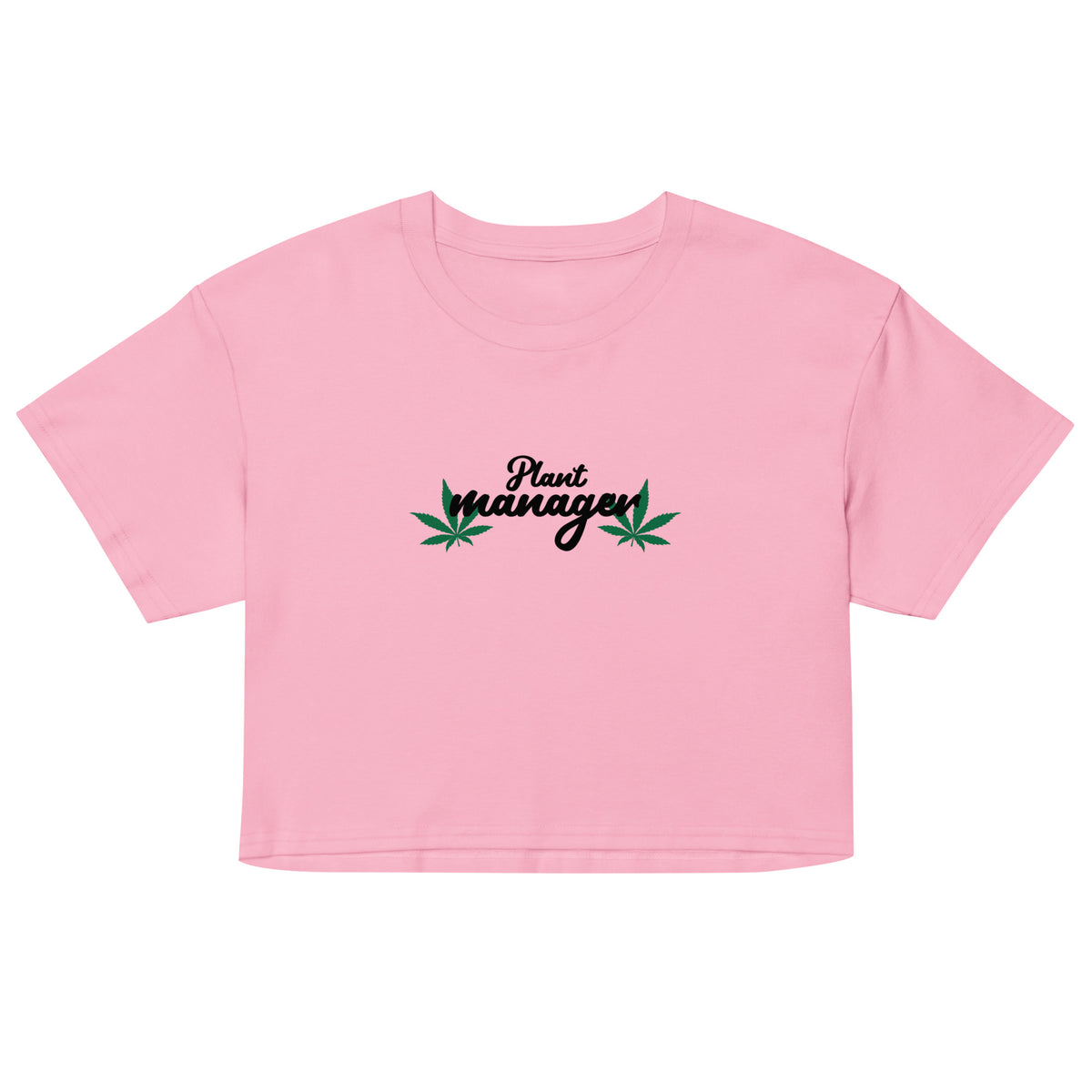 Women’s pink crop top with “Plant Manager” plant graphic on front