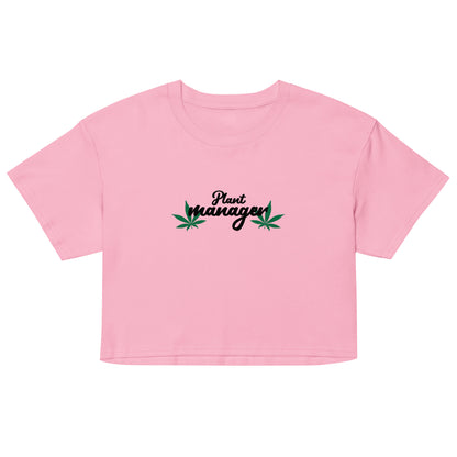 Women’s pink crop top with “Plant Manager” plant graphic on front