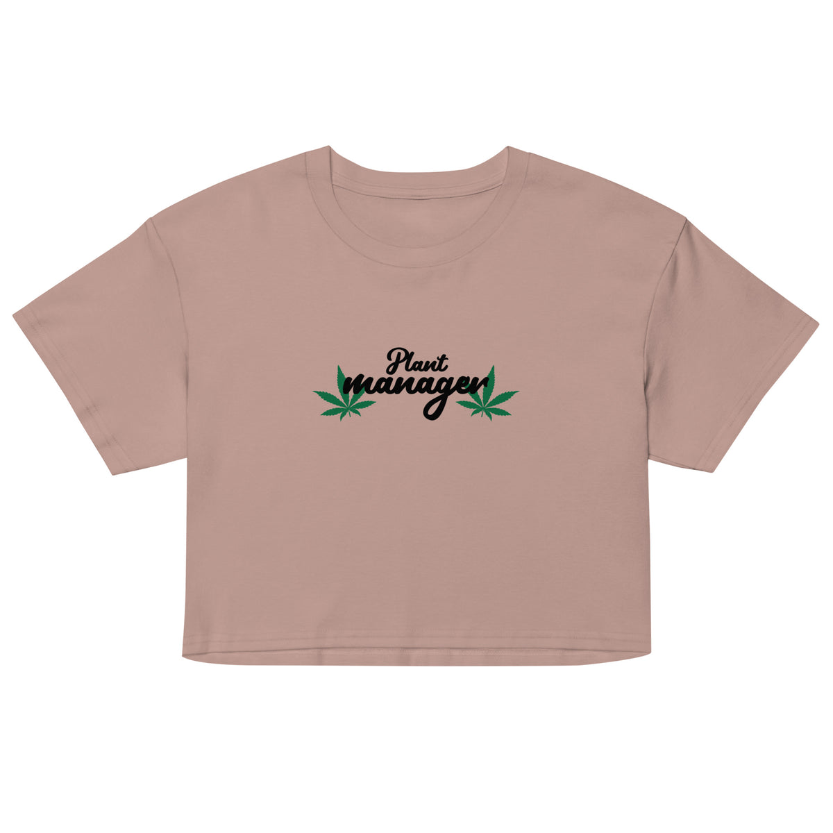 Women’s taupe crop top with “Plant Manager” plant graphic on front