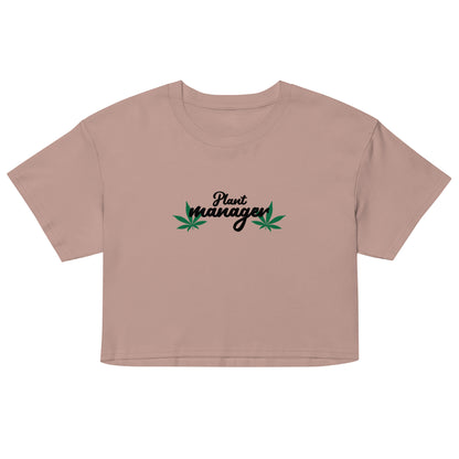 Women’s taupe crop top with “Plant Manager” plant graphic on front