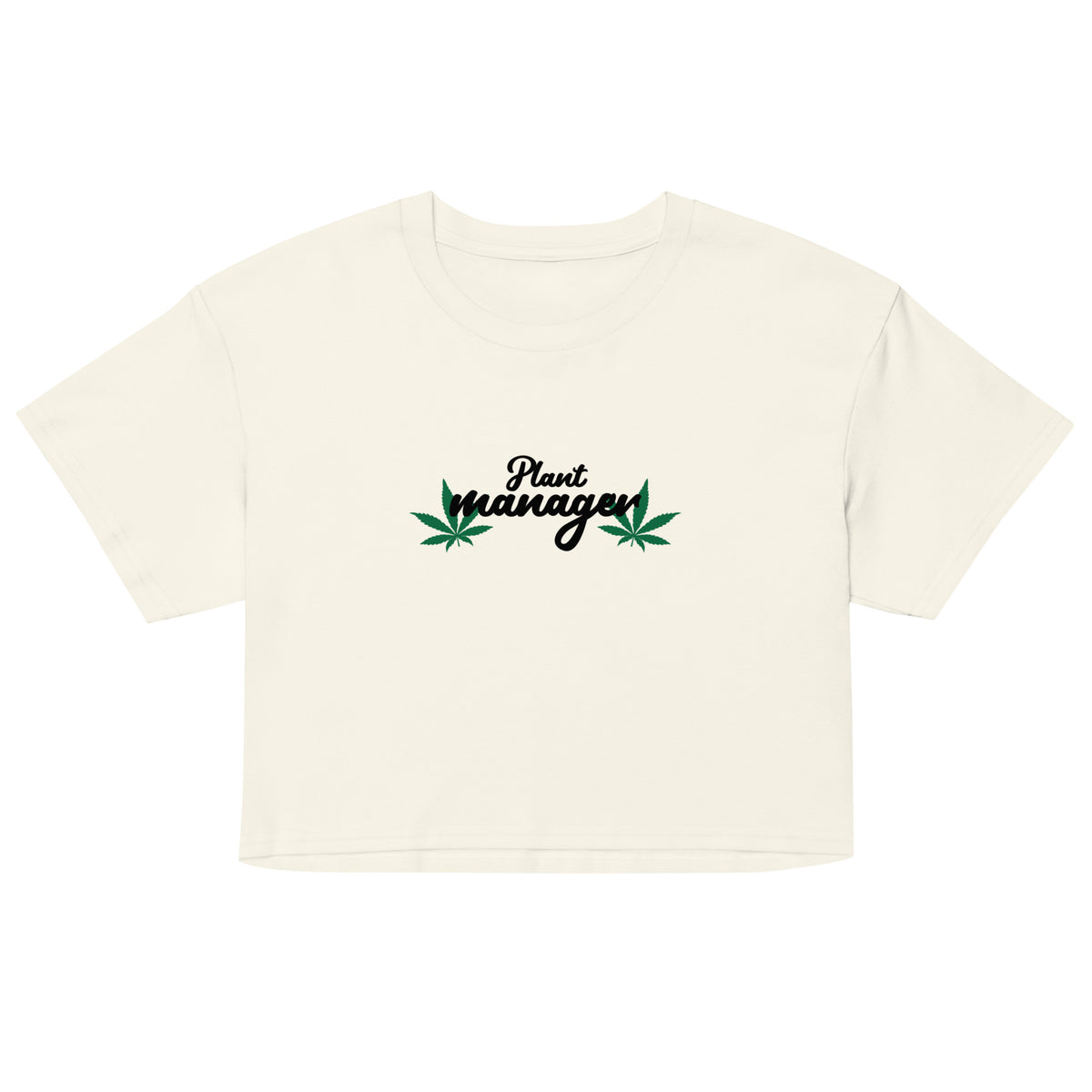 Women’s ecru crop top with “Plant Manager” plant graphic on front