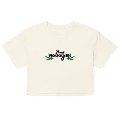 Women’s ecru crop top with “Plant Manager” plant graphic on front