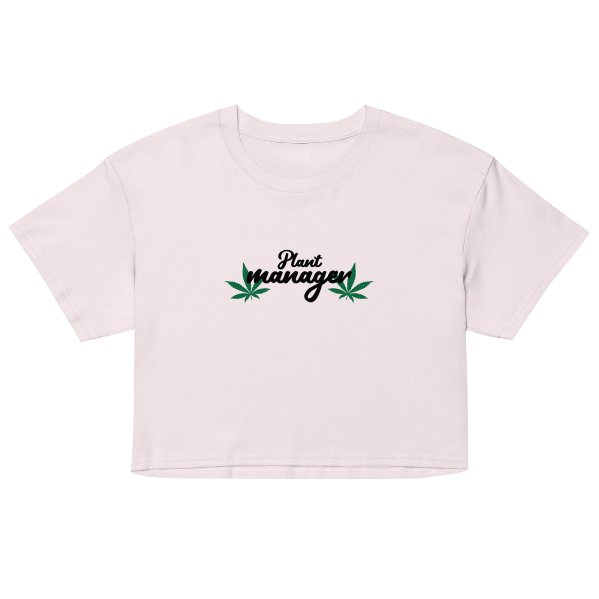 Women’s pale pink crop top with “Plant Manager” plant graphic on front