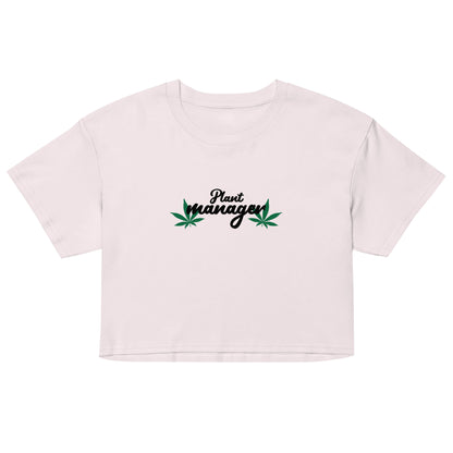 Women’s pale pink crop top with “Plant Manager” plant graphic on front