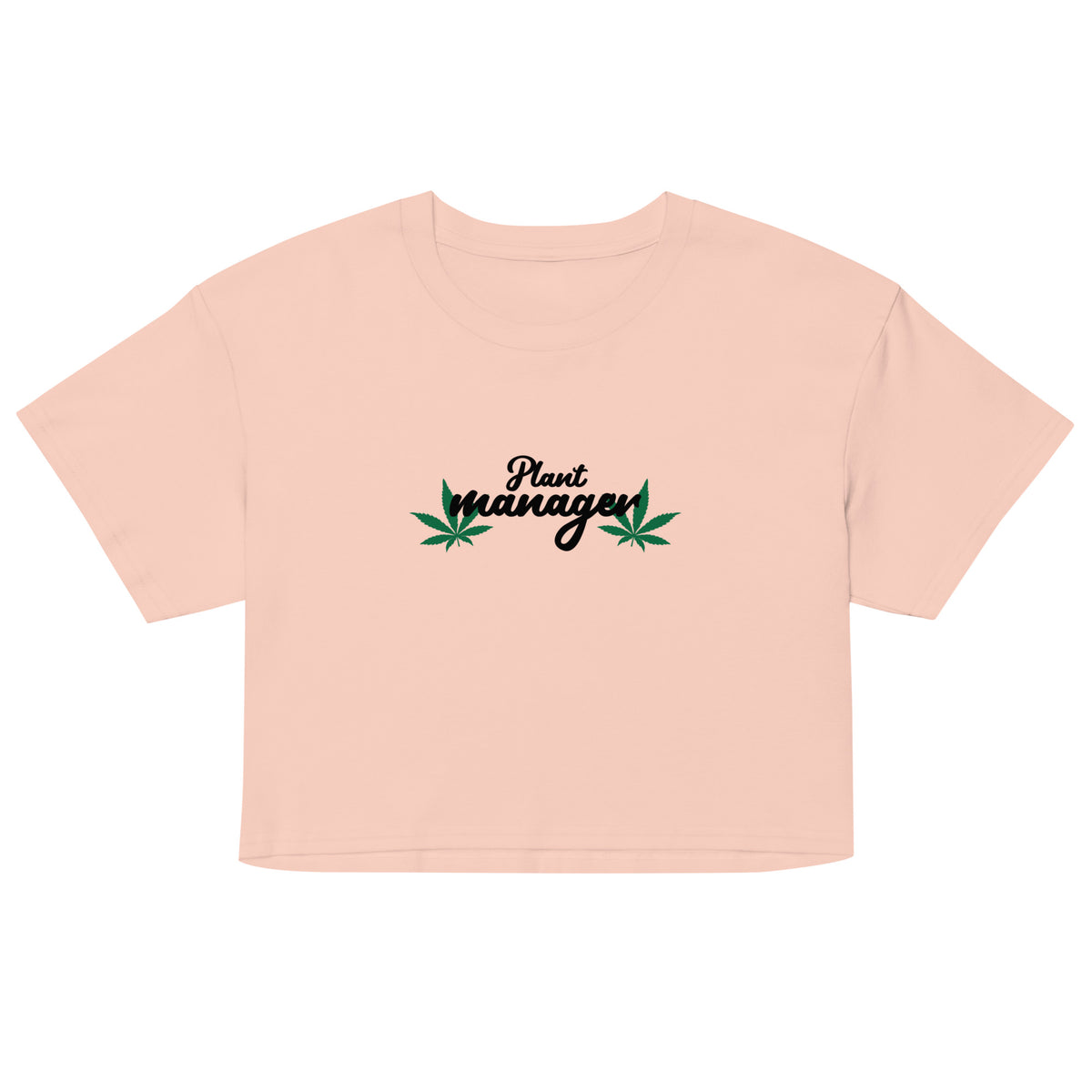 Women’s light peach crop top with “Plant Manager” plant graphic on front