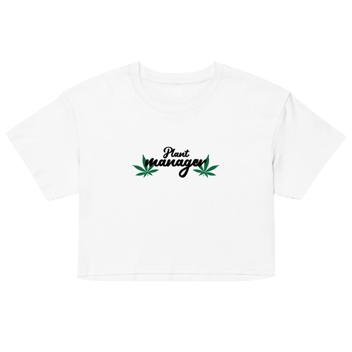 Women’s white crop top with “Plant Manager” plant graphic on front