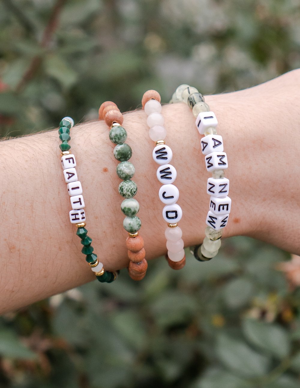 Elevated Faith Christian Jewelry Bracelet with letter beads and natural stones on a wrist