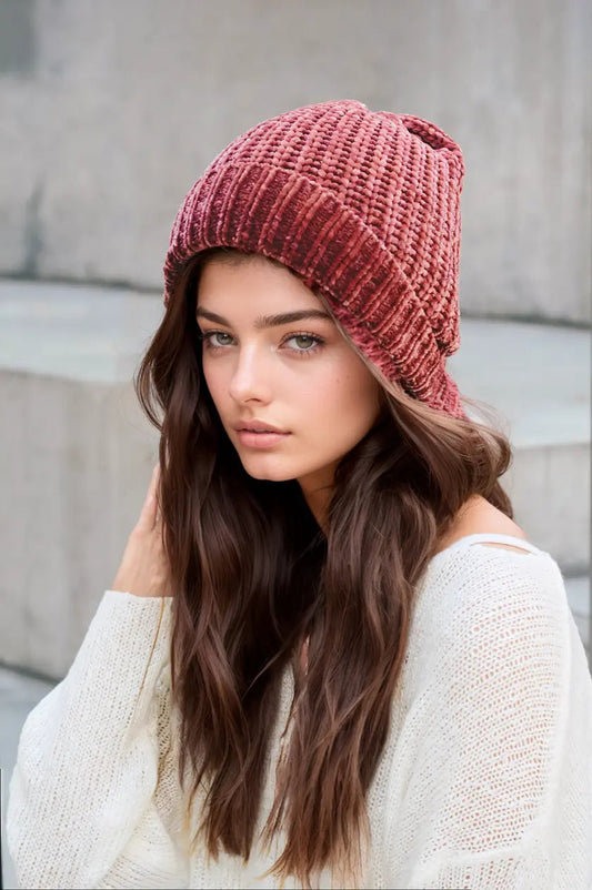 Soft Chenille Beanie knit winter hat in Raspberry