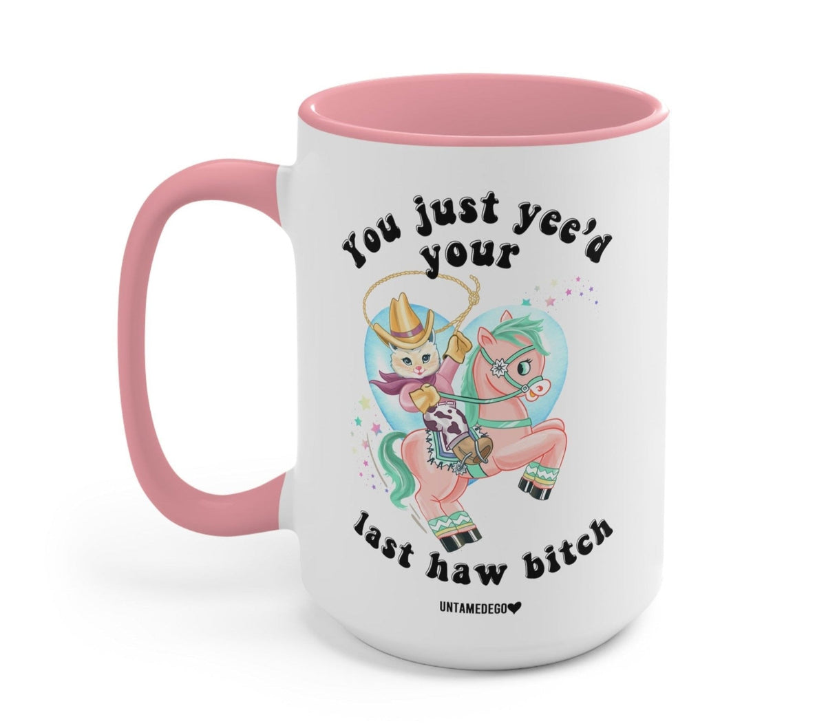 Funny "You Just Yee'd Your Last Haw Bitch Luna Cowboy Kitty" — White ceramic mug with pink rim and handle; cowboy cat and dragon graphic, printed text