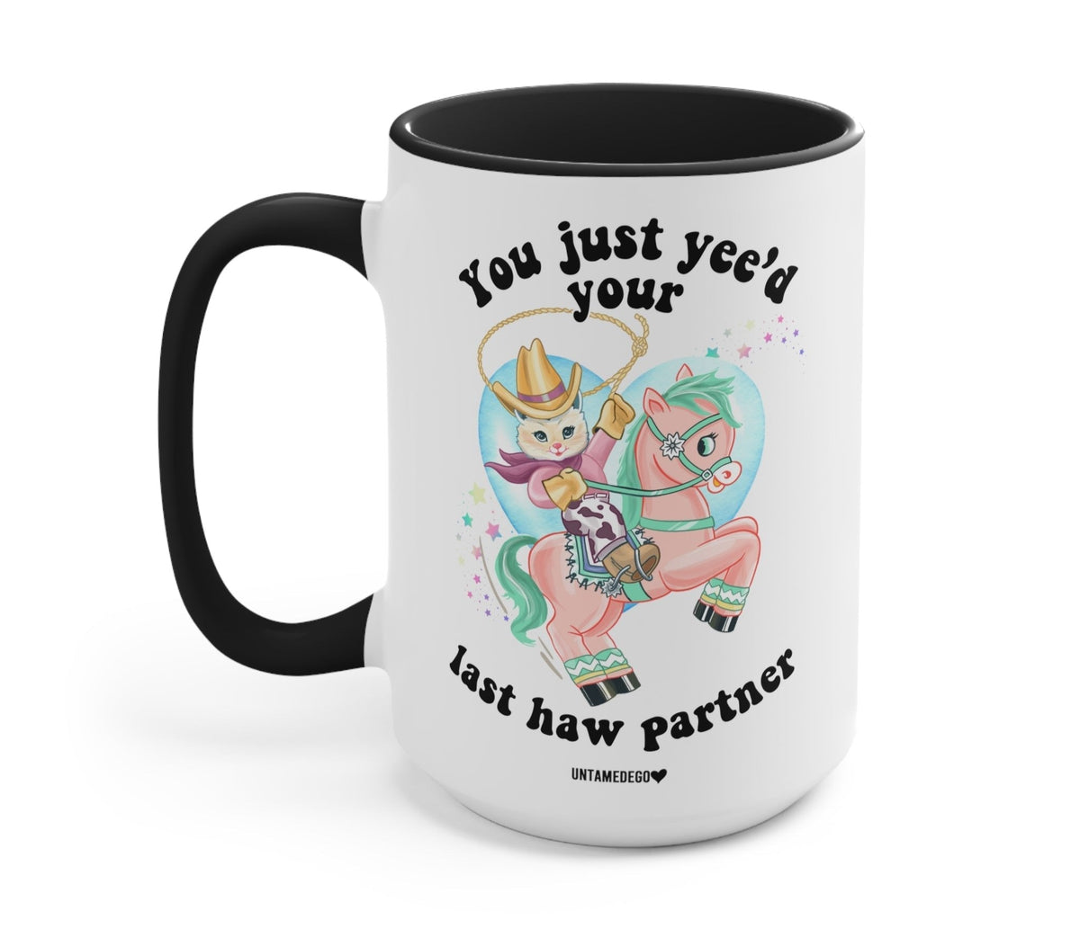 Funny "You Just Yee'd Your Last Haw Partner Luna Cowboy Kitty" — Black cowboy cat mug with 'You just yee'd your last haw partner' text