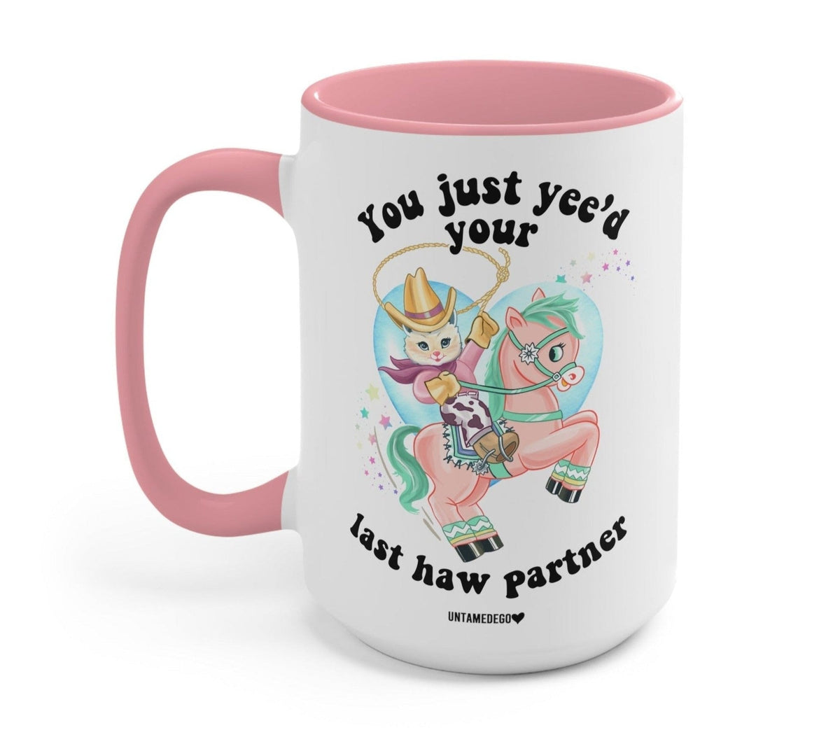 Funny "You Just Yee'd Your Last Haw Partner Luna Cowboy Kitty" — Pink-handled cowboy cat mug with 'You just yee'd your last haw partner' text