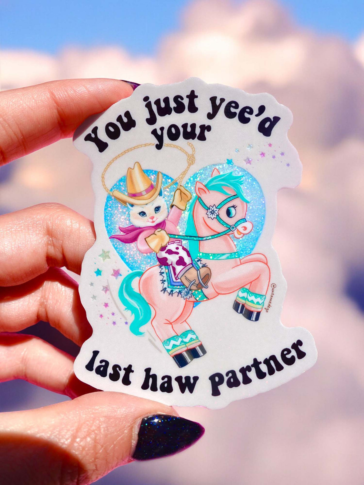 Funny Luna Kitty sticker with teal cat on unicorn, text: 'last haw partner'