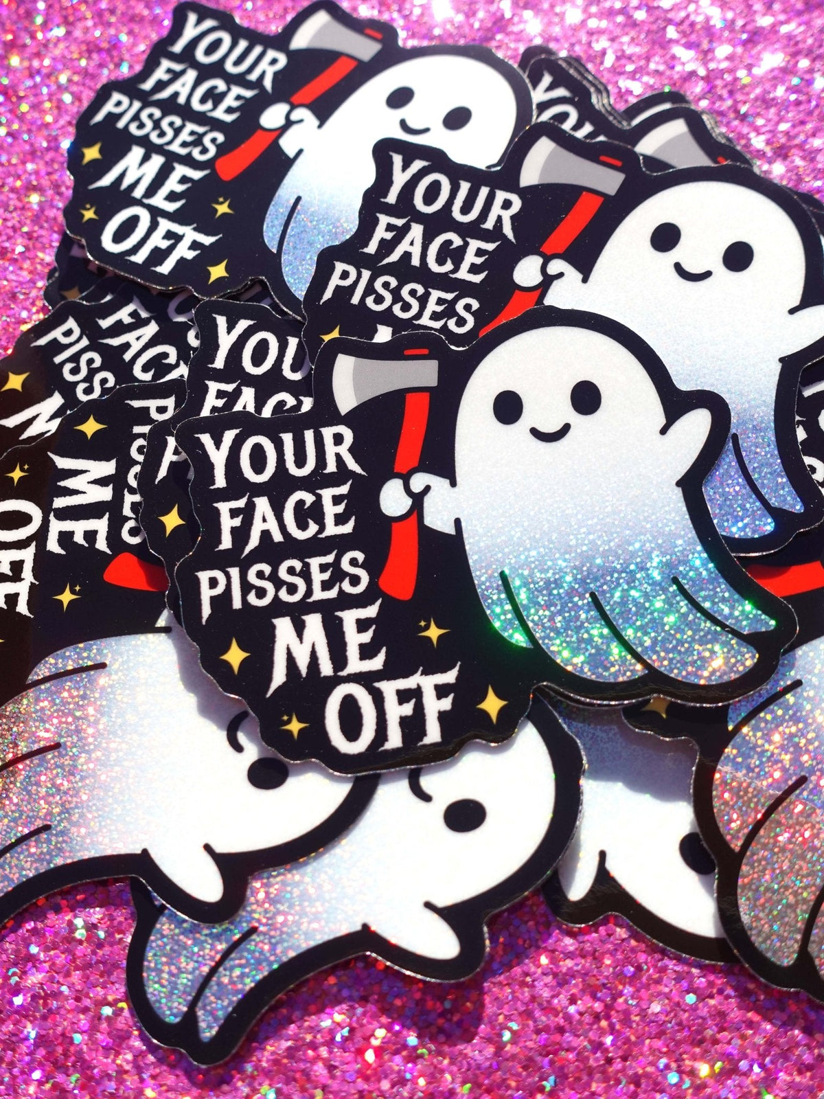 Funny Set of ghost stickers with hats and “YOUR FACE PISSES ME OFF” text